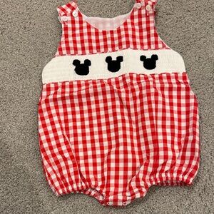 Red Gingham Smocked Baby One-Piece Bodysuit with Black Appliqué